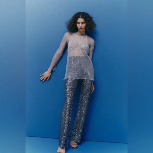 ZARA FLARED SEQUIN LEGGINGS - Picture 3 of 13